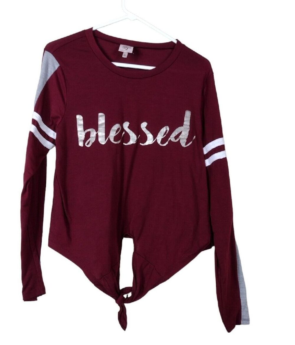 Self Esteem Womens XL Shirt Red Cropped Pullover Long Sleeve Front Tie Blessed